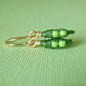   Pea Pods   tiny handmade earrings   2 pea green peas in green pods