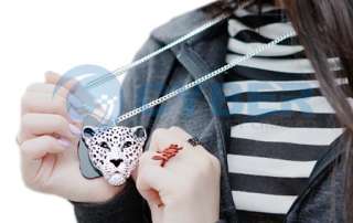 Rhinestone Leopard Tiger Head Chain Necklace Silver  