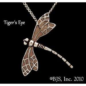   24 long rhodium plated chain, Tigers Eye Enamel, Dragonfly Jewelry