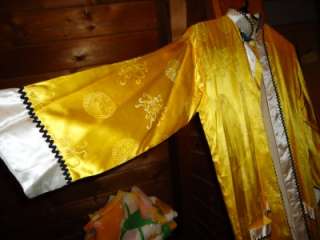 1950s Yellow Satin Kimono Robe Japanese Silk, Vintage  