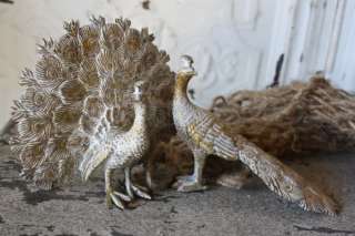   CHIC S/2 Gilt PEACOCK FIGURINES Fanned Iron Metal NEW  
