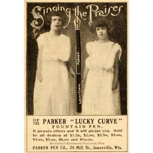 1901 Ad Parker Lucky Curve Fountain Pen Girls Singing   Original Print 