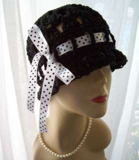 New Handmade Cotton Cloche Flapper 1920s Sun Hat Ribbon  