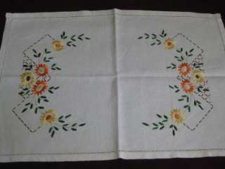 VINTAGE 1930S IRISH LINEN TRAY CLOTH  HAND EMBROIDERED FLOWERS  