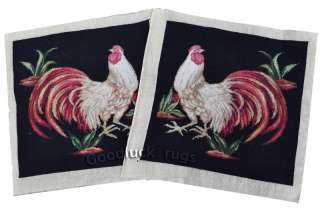 Pair) Completed Rooster Black Wool Needlepoint~Chair Cover or Pillow 