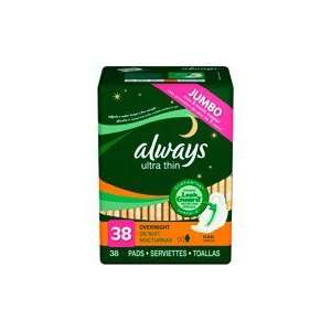  Always Ultra Thin Pads Overnight w/ Wings, Unscented, 38ct 