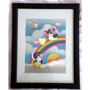    Framed Foil Picture Penguins Hearts & Rainbow 