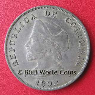 COLOMBIA 1892 50 CENTAVOS SILVER TONED COLUMBUS 30mm  