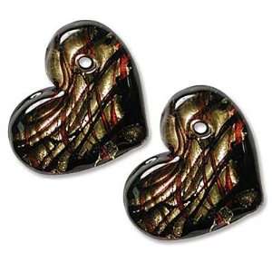  Murano Style Glass Gold Foil Black and Red Small Hearts 