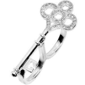   Silver Tone Crystalline Skeleton Key Double Finger Ring Jewelry
