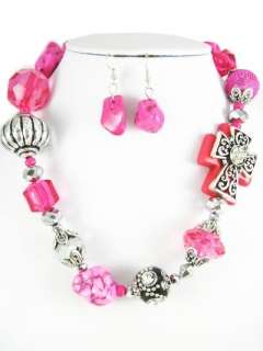 Pink Turquoise Filagree Silver Beaded Cross Chunky Rhinestone Necklace 