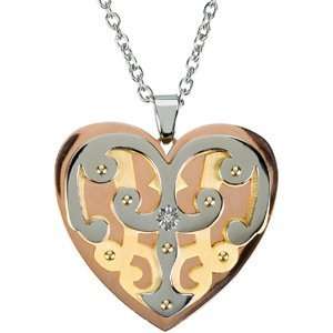  Diamond 3 Tone Stainless Steel Heart Pendant Necklace, 22 