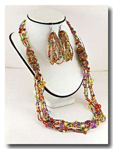 MULTI STRAND MULTI COLOR GLASS SEED BEAD LUCITE BEAD LONG NECKLACE 