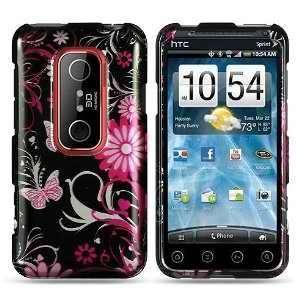 HTC EVO 3D (Sprint) Black Pink Butterfly Flower Premium Snap On Phone 