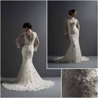 Champagne Lace High Neck Wedding Dress with Long Sleeve Button Back 