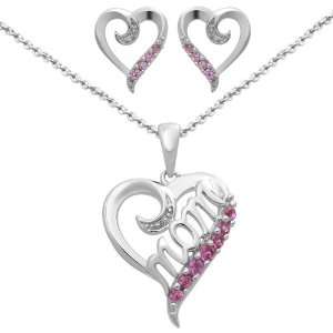   Pink Sapphire Heart Pendant Necklace and Earring Box Set Jewelry