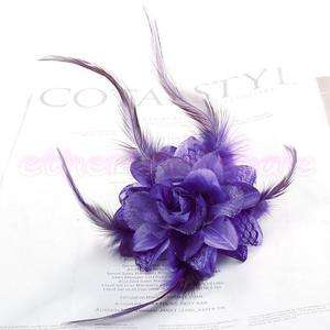 Bride Boutique Flower Feather Hair Band/Pin Brooch Purp  