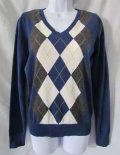 IZOD New Navy Blue Grey Argyle V Neck Cotton Long Sleeve Sweater Top 