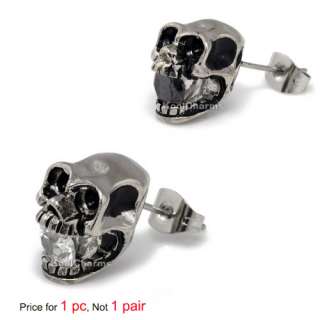 Fashion Skull Silver Black CZ 316L Stainless Steel MENS Stud Earring 