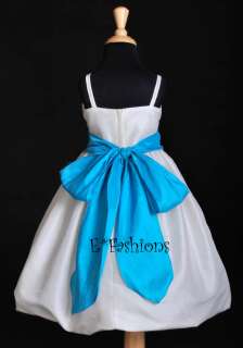 IVORY TURQUOISE BLUE SATIN FLOWER GIRL DRESS 2 4 6 8 10  