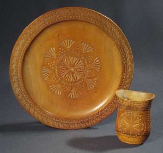 HAND CARVED Yugoslavia Wood Plate Vase/Cup folk art old  