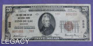 1929 $20.00 NATIONAL CURRENCY NOTE FOND DU LAC WIS (IS+  