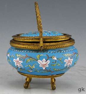Small Antique French Brass Blue Enameled Box mid 1800s  