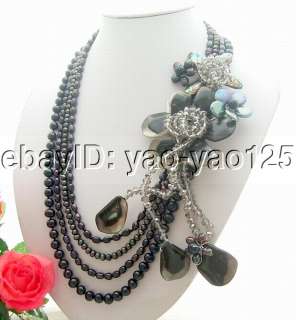 Excellent 4Strds Black Pearl&Shell Flower&Crystal Necklace