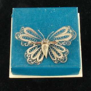 VINTAGE DECO SILVER FILIGREE WIRE BUTTERFLY PIN IN BOX  