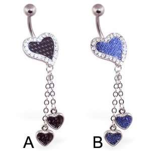 Jeweled carbon fiber and demin heart belly ring with dangling hearts 
