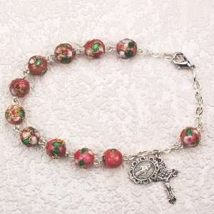   Pewter 7 1/2 Pink Cloisonne Womens Rosary Bracelet, Boxed. Jewelry
