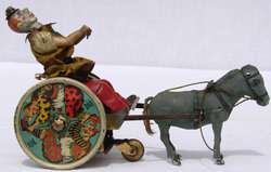   LEHMANN Germany TIN Litho Wind up TOY BALKY MULE w Clown in Cart