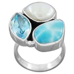   Freshwater Pearl Larimar Blue Topaz Gemstone Ring Jewelry Size 9