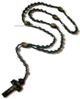 Black Hematite Bead Rosary Wooden Cross Necklace 30 BN  
