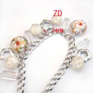 A0223 White Lampwork glass Crystal bead Flower Bracelet  