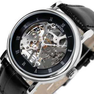 NEW COOL Water Resistant Mens Skeleton 100% Leather Watch Automatic 