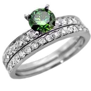  1.21ct Green RoundDiamond Engagement Ring Bridal Set 18k 