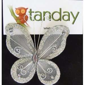  Tanday 6 Silver Organza Butterflies For Craft & Wedding 