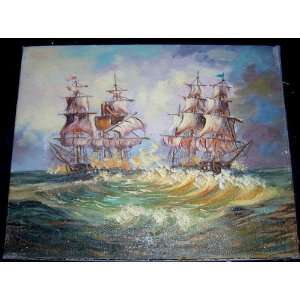  Decorative Small Oil Painting Two Sailing Ships Unframed 