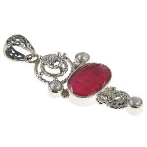  925 Sterling Silver Created RUBY, PEARL Pendant, 2.25, 9.97g Jewelry