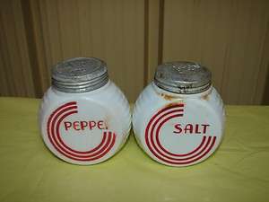 Vintage Red Circle Milk Glass Anchor Hocking Fire King Salt Pepper 