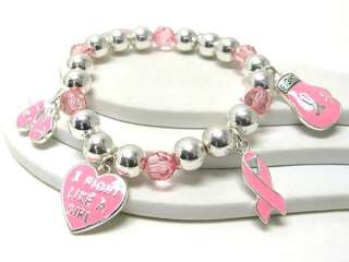   Charm Bracelet Pink Ribbons and Hearts I FIght Like A Girl  