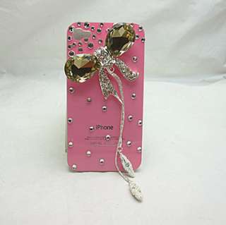 PG9 Bling Brown Crystal Bow Rhinestone Pendant Pink Case for iPhone 4 