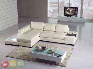 Modern White Italian Leather Sectional Sofa w/ Built in Light & Table 