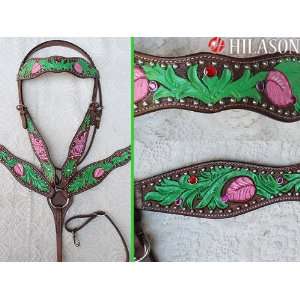 Western Hand Painted Leather Horse Bridle And Breast Collar Set Bh251