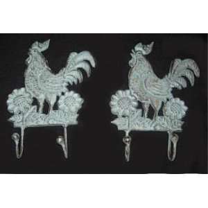   Cast Iron ROOSTER coat towel kitchen wall HOOKS decor