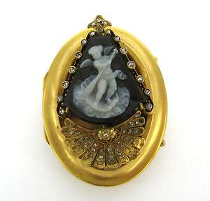 French Victorian Diamond Cherub Cameo 14K Gold Locket Brooch  