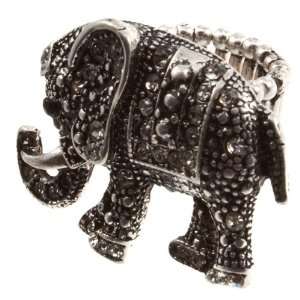  Silver tone stretch band ring featuring an ornate elephant 