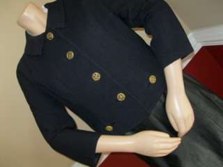 Vintage Navy Blue Cropped Blazer Jacket Gold Button Peter Pan Collar 