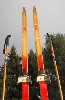 VINTAGE Hickory Wooden 70 Skis + Bamboo Ski Poles  